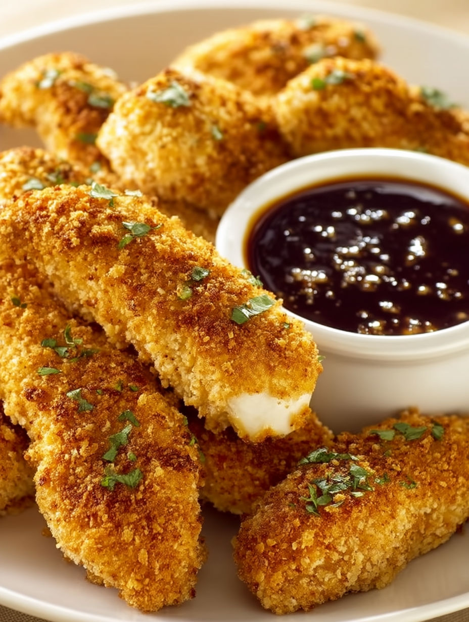A plate of baked chicken tenders with a dipping sauce.