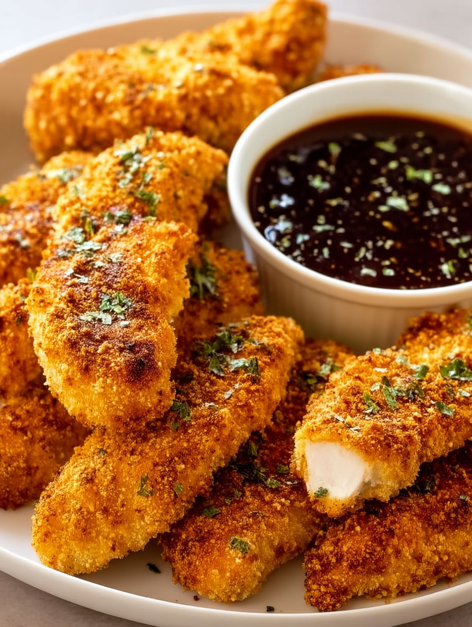 Baked chicken tenders with a dipping sauce.