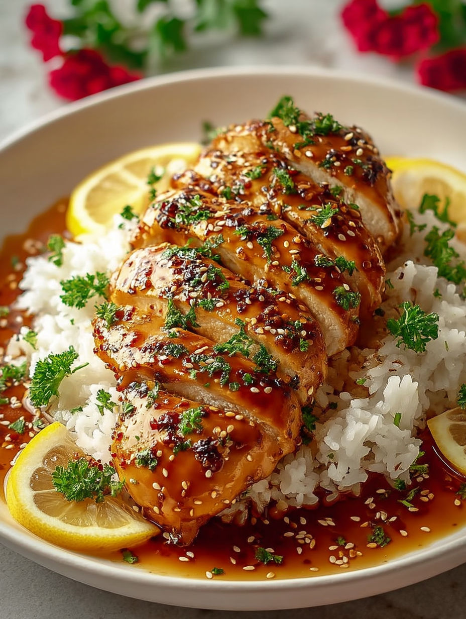 A plate of food with rice and chicken.