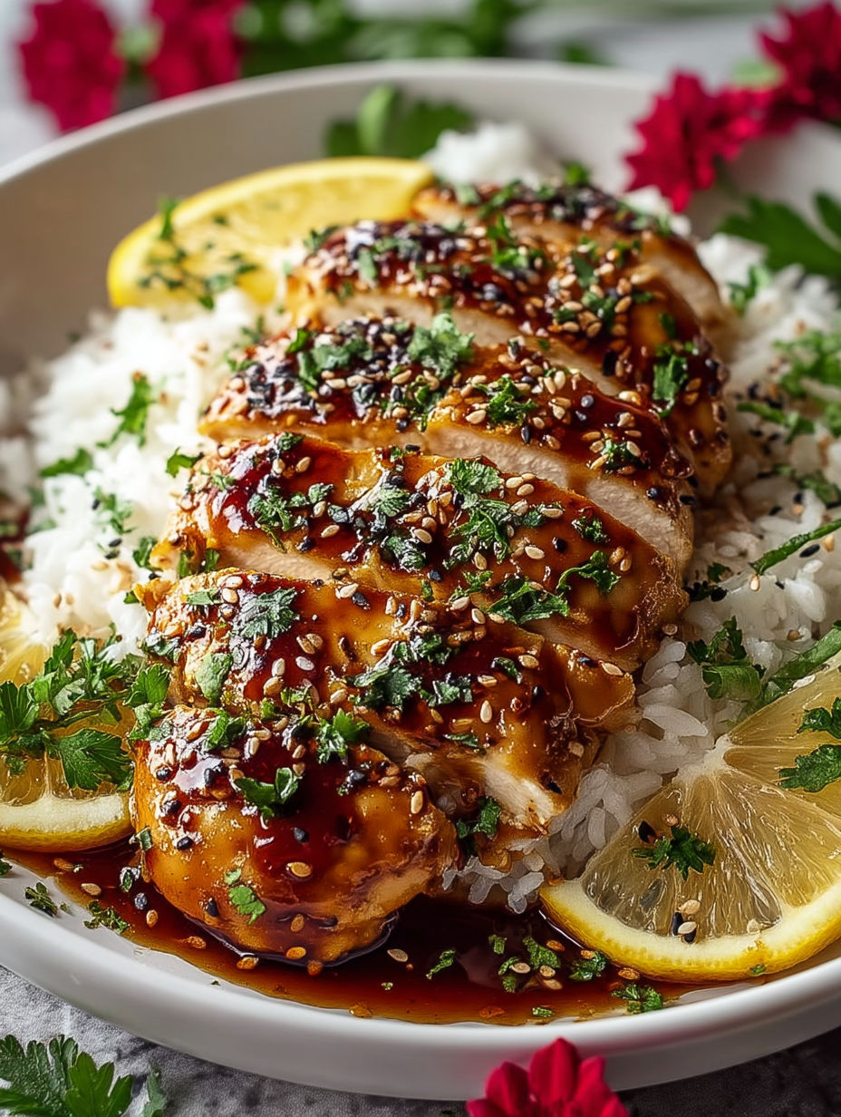 A plate of chicken with rice and lemon wedges.