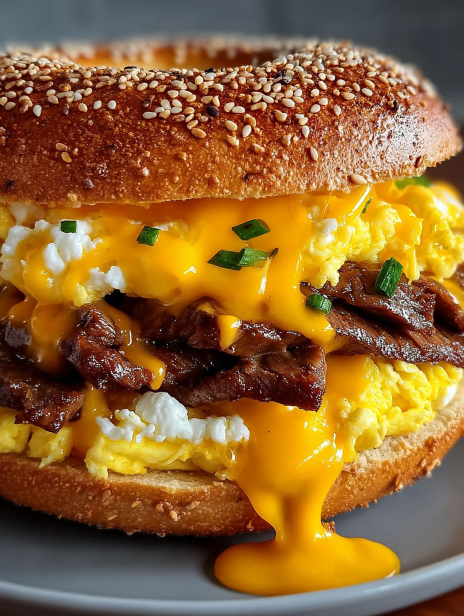 A close up of a McDonald's steak, egg and cheese sandwich.