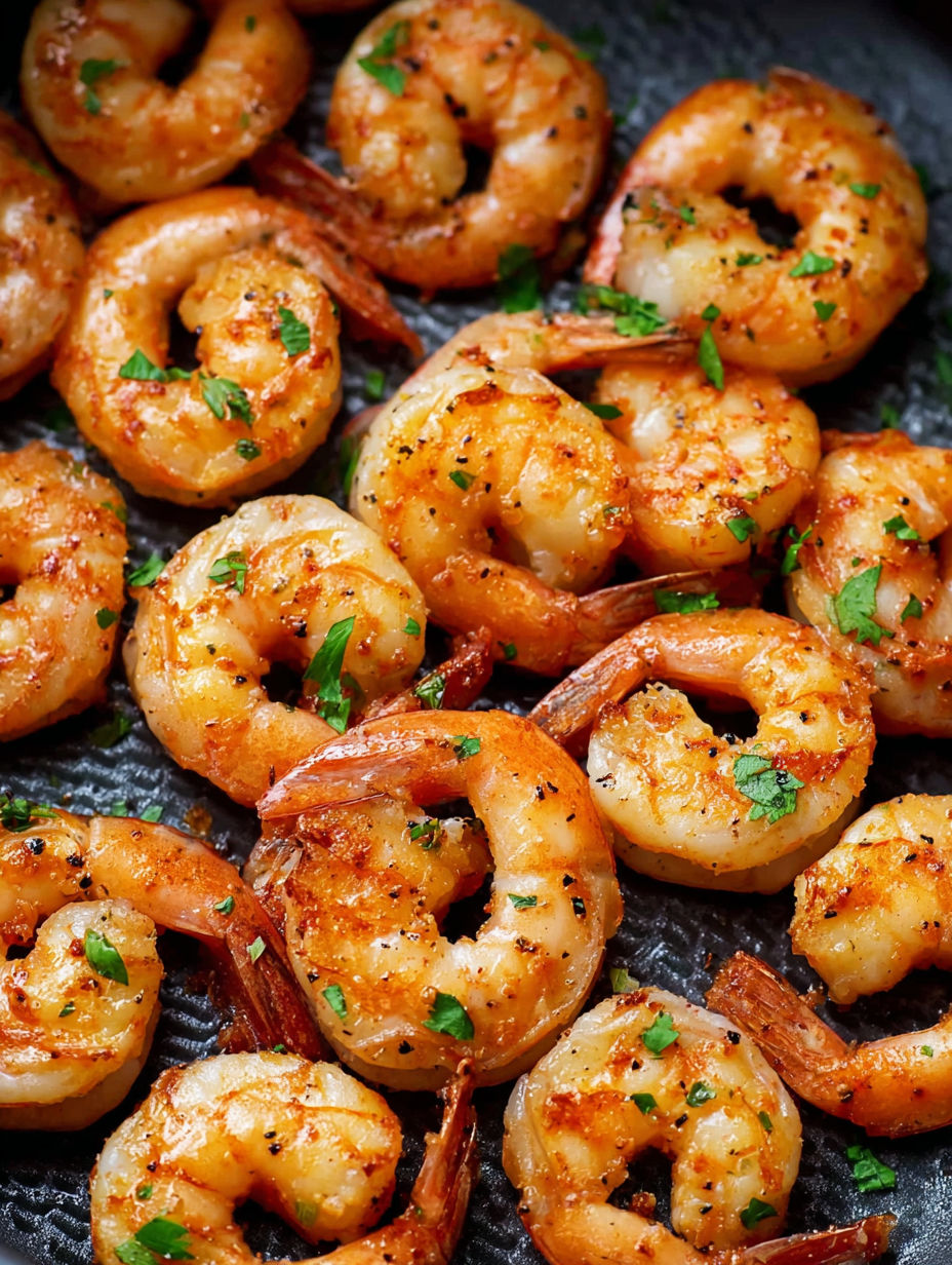 Air fryer shrimp on a black plate.