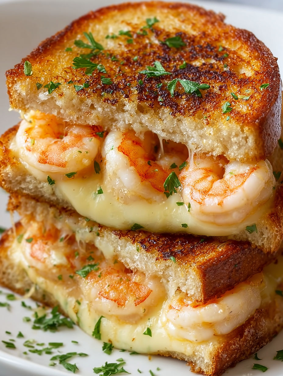 A grilled cheese sandwich with shrimp and garlic.