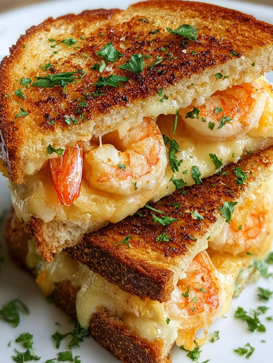A grilled cheese sandwich with shrimp and garlic.