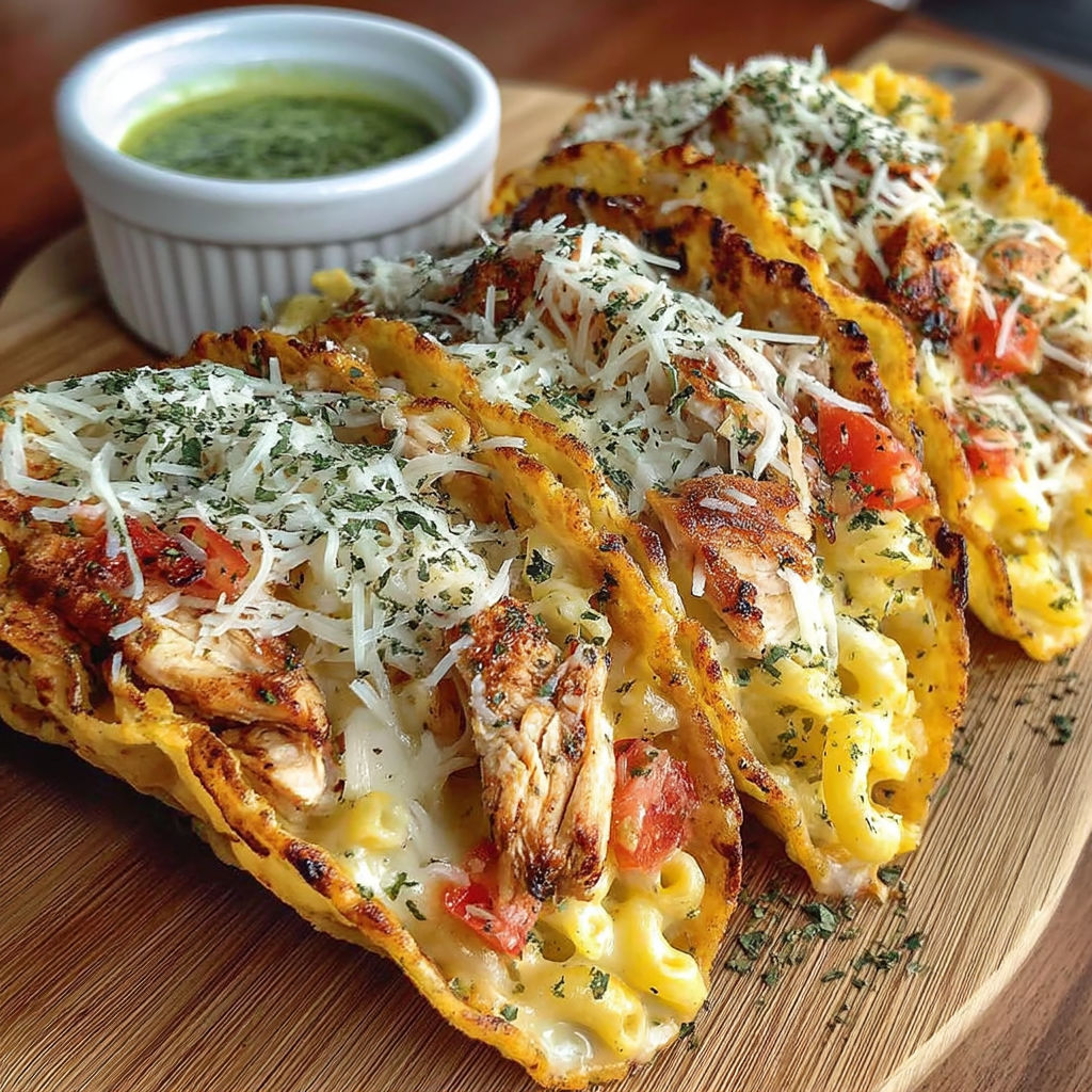 A plate of chicken alfredo tacos.