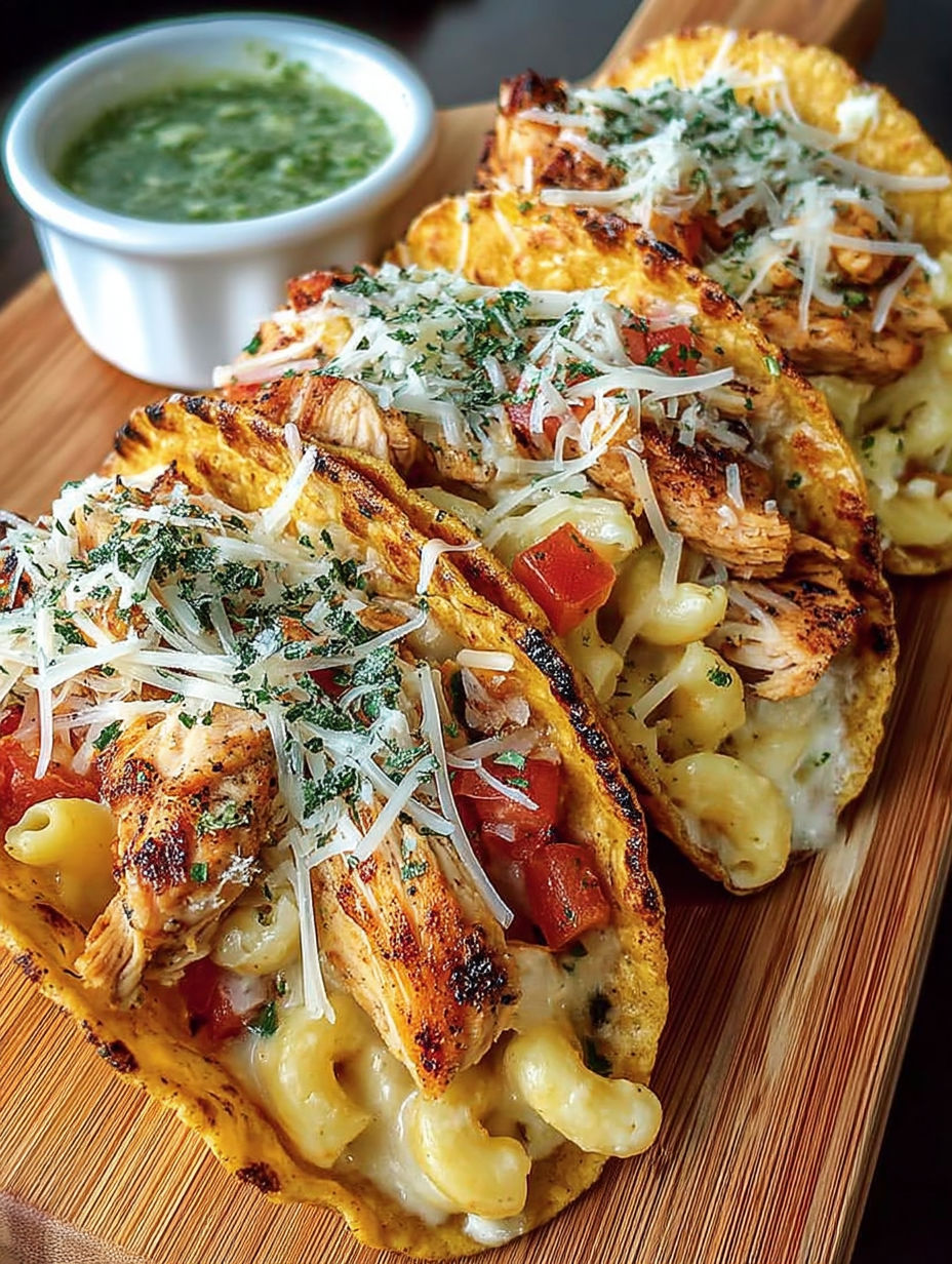 A plate of chicken alfredo tacos.