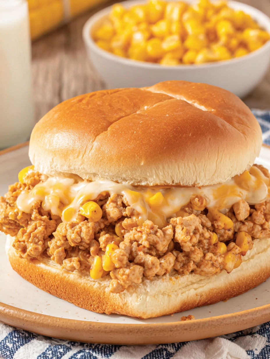 A sandwich with cheese and corn on top.