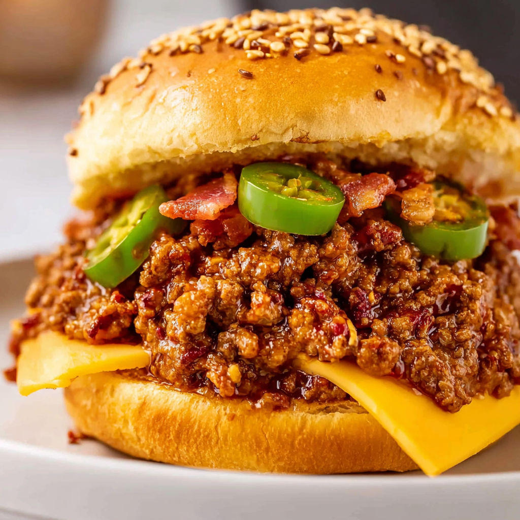 A sloppy joe sandwich with jalapenos and bacon.