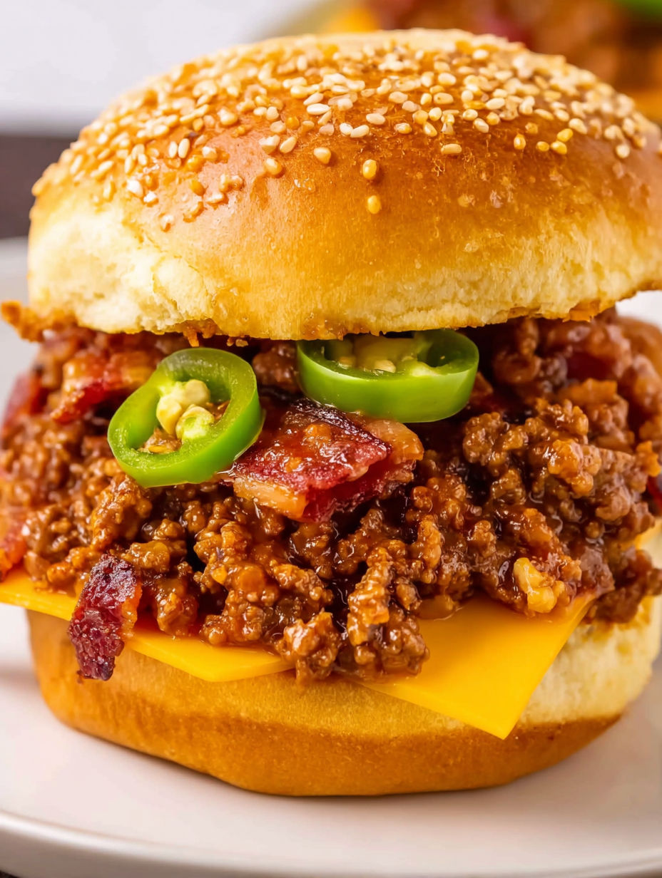 A sloppy joe sandwich with jalapenos.