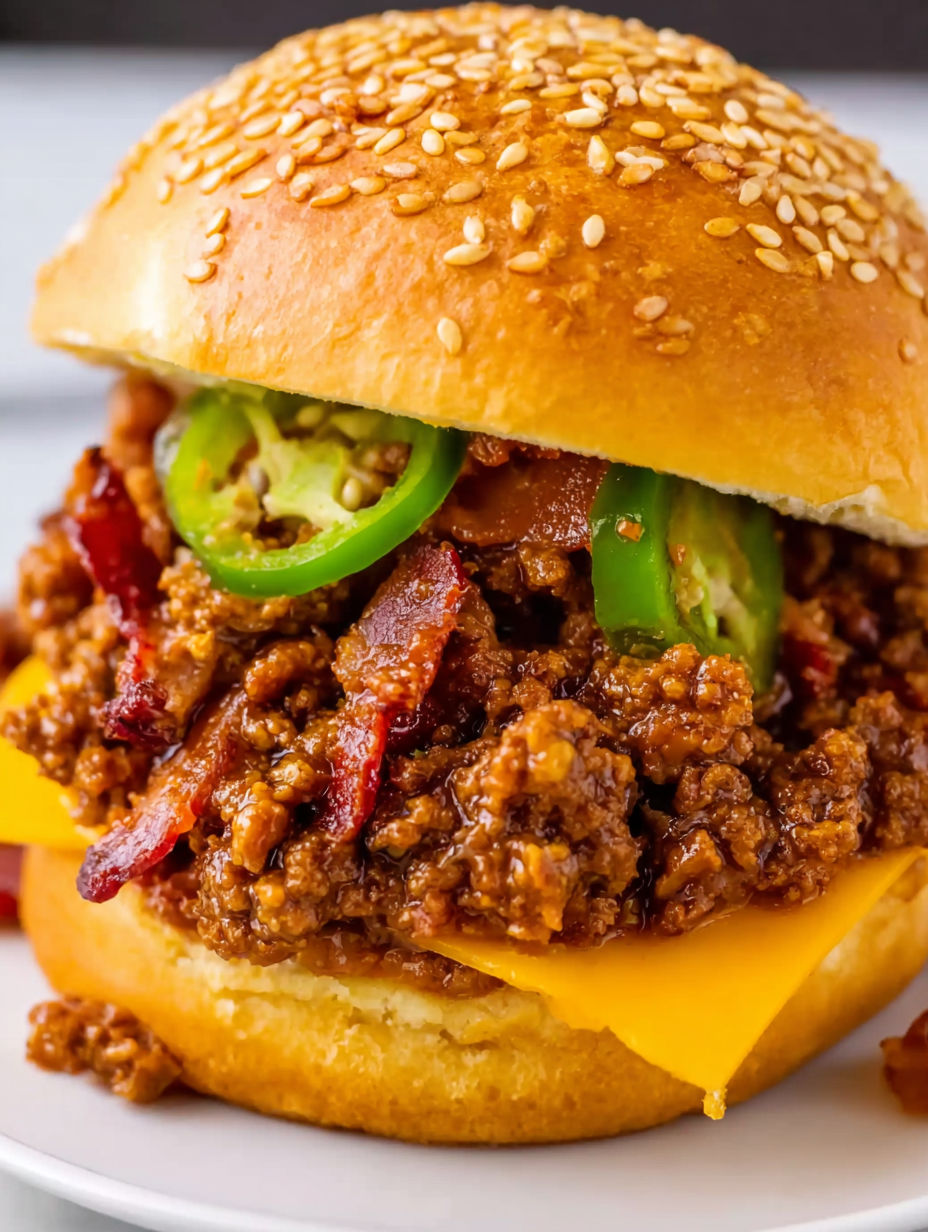 A sloppy joe sandwich with bacon and jalapenos.