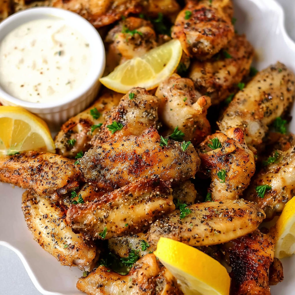 A plate of chicken wings with a lemon wedge on top.