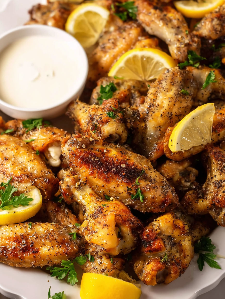 A plate of chicken wings with a lemon wedge on top.