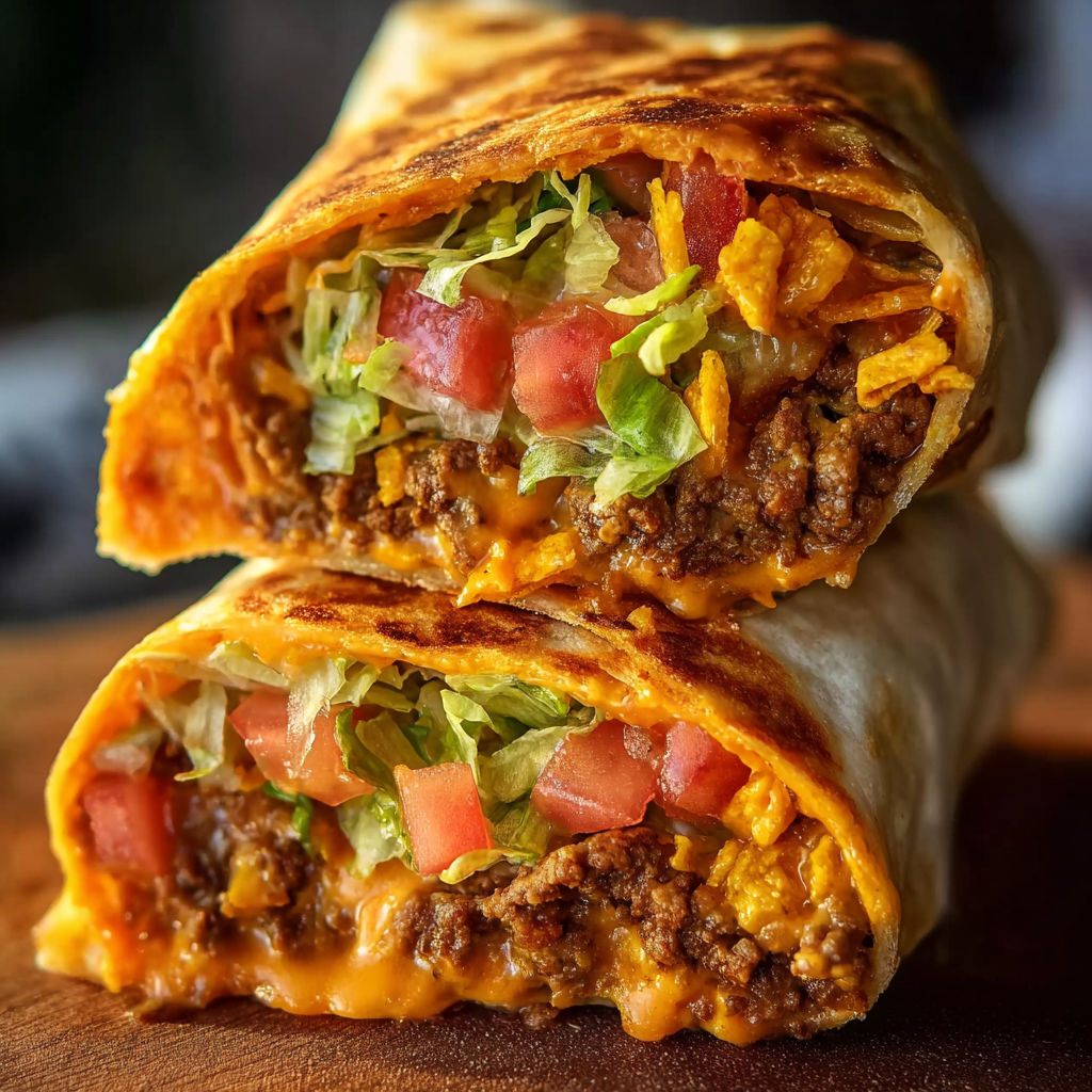A beefy nacho cheese wrap is shown with lettuce and tomatoes.