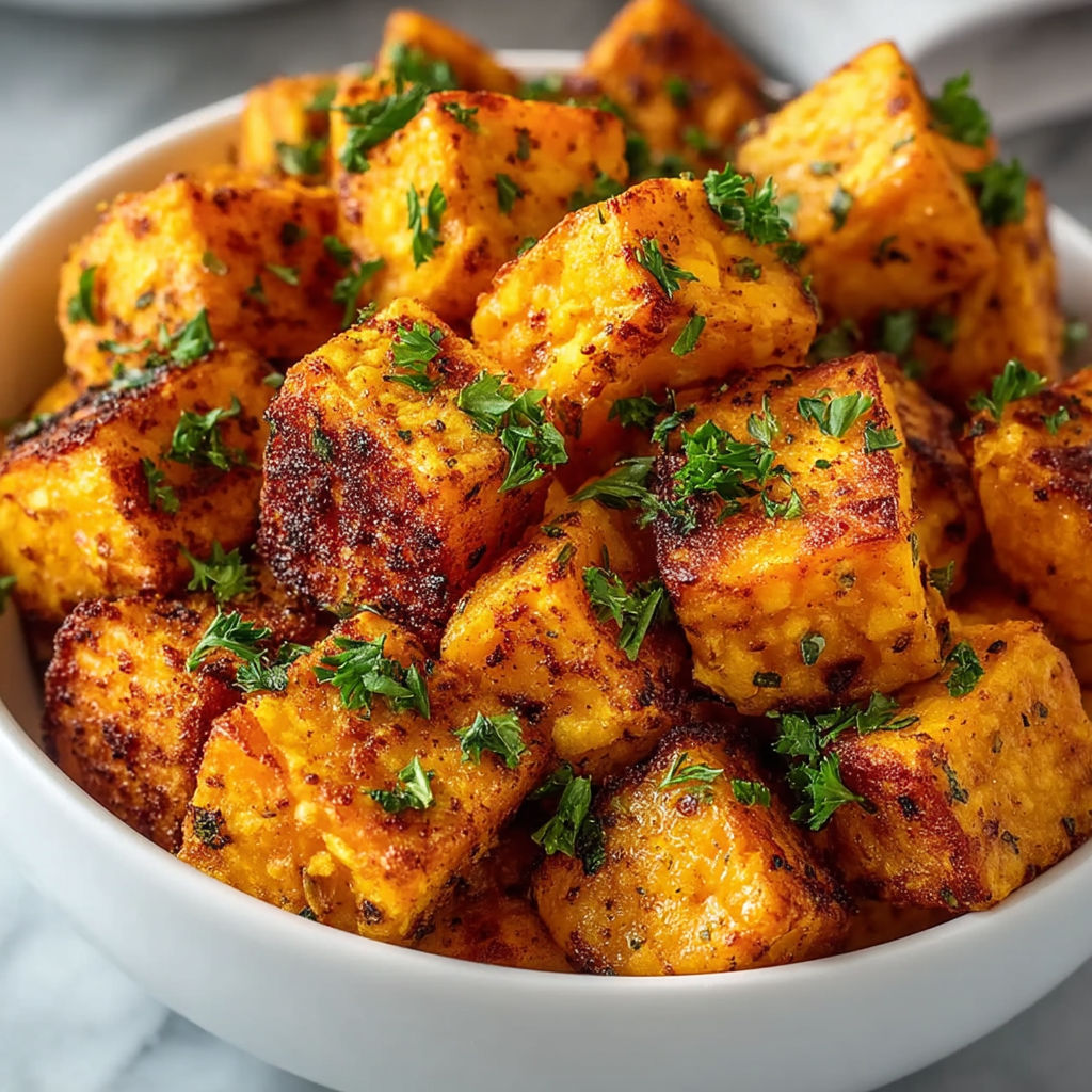 A bowl of sweet potato cubes.
