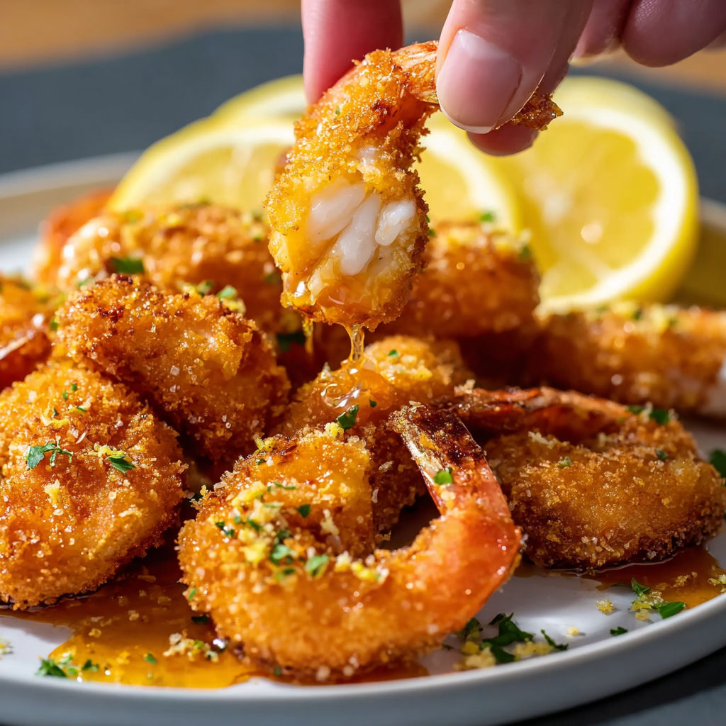A plate of crispy shrimp with a lemon wedge on top.