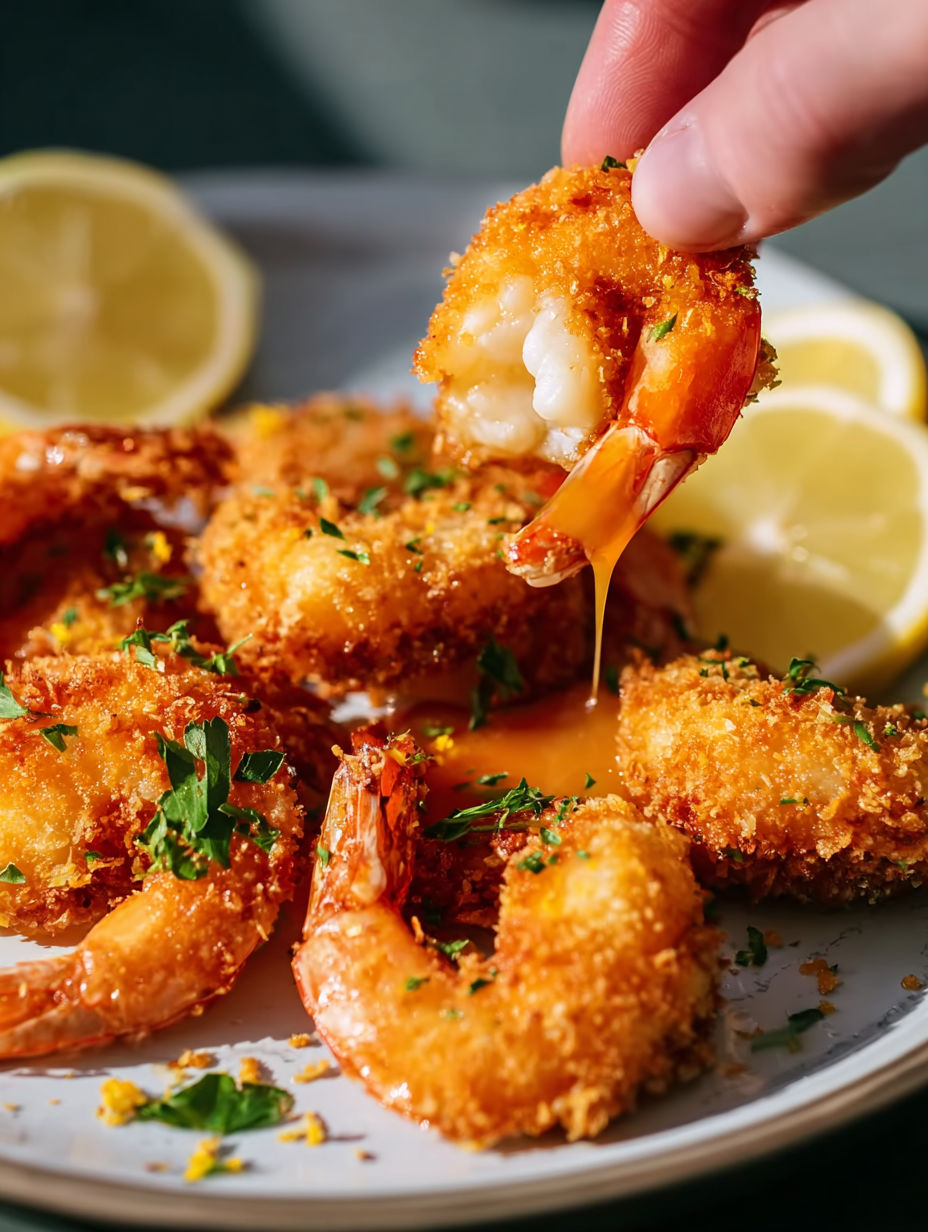 A person is dipping a piece of shrimp into a bowl of honey.