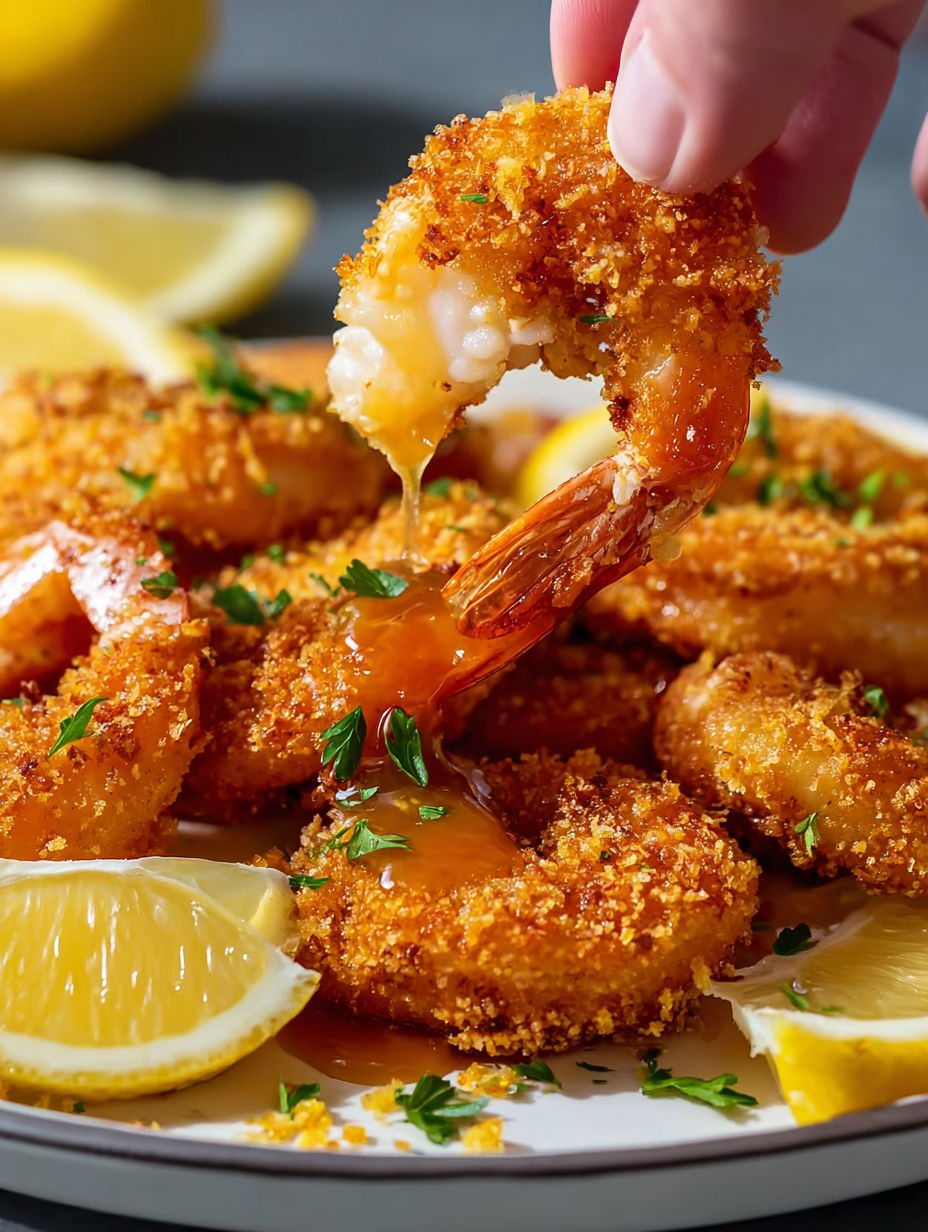 A person is dipping a piece of shrimp into a bowl of honey.