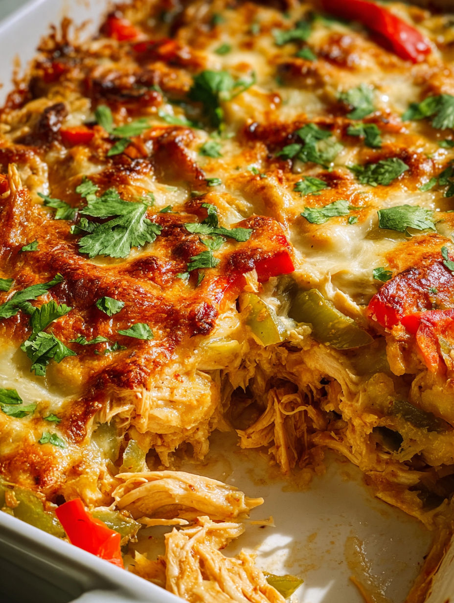 A close up of a chicken fajita casserole.