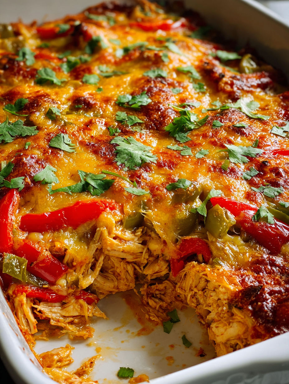 A close up of a delicious chicken fajita casserole.