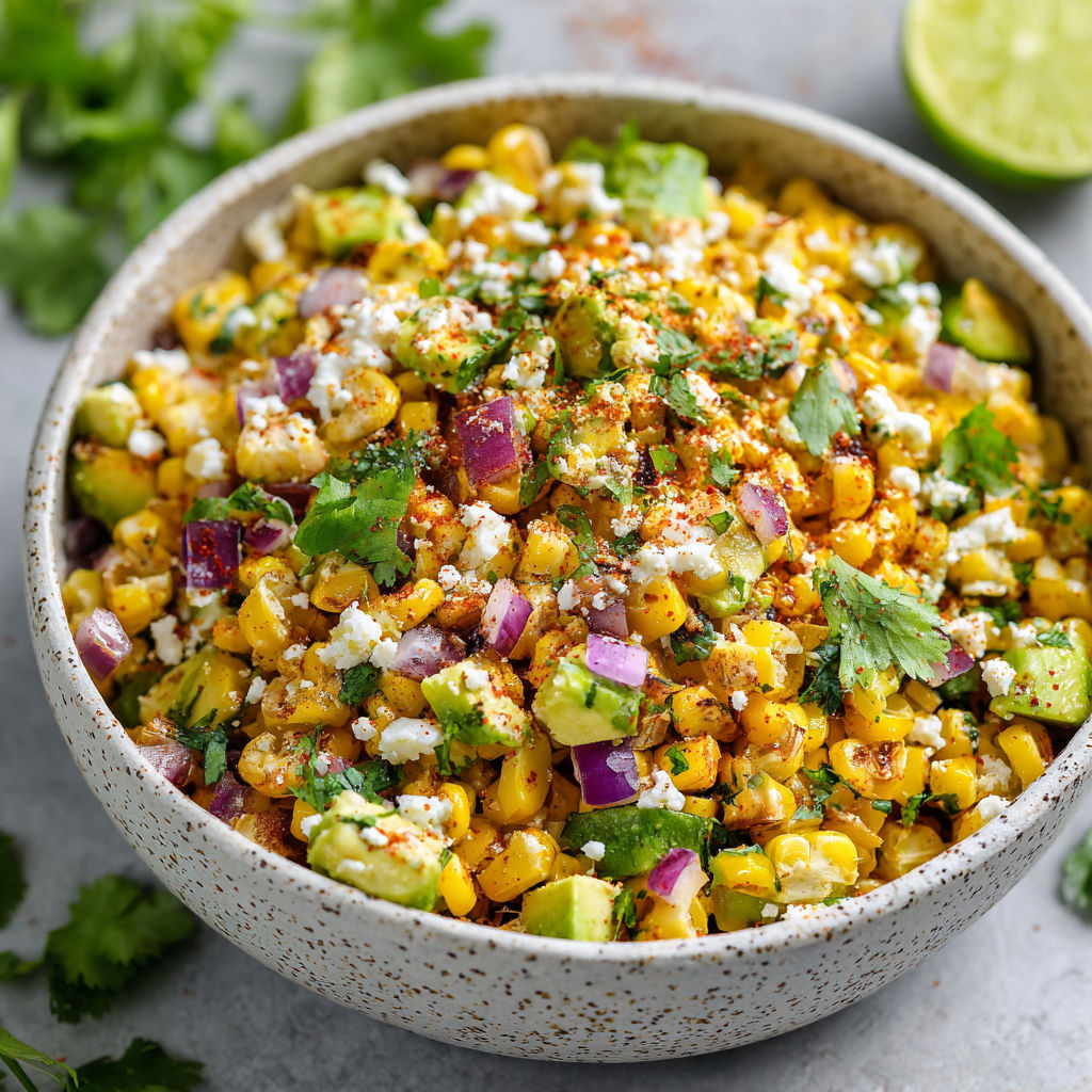A bowl of Mexican street corn avocado.