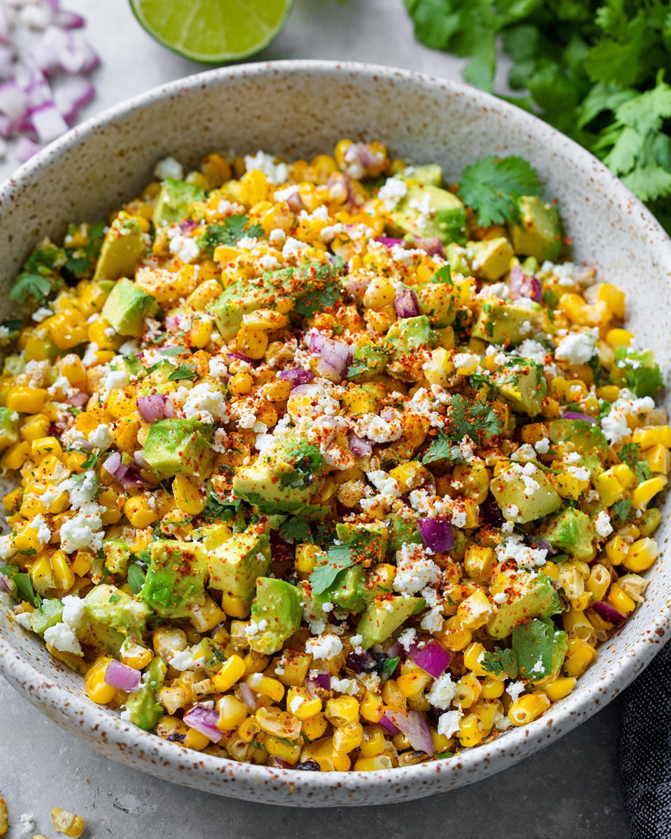 A bowl of Mexican street corn avocado.