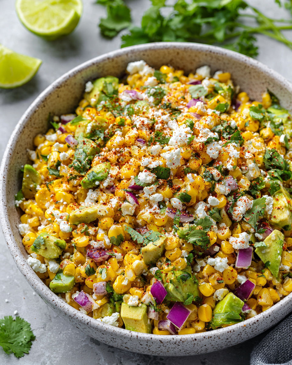 A bowl of Mexican street corn avocado.