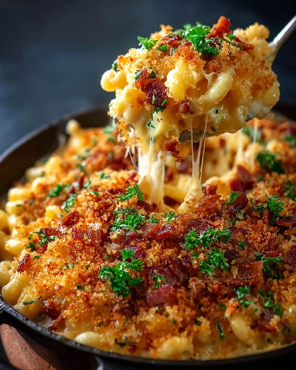A close up of a bowl of macaroni and cheese with bacon.