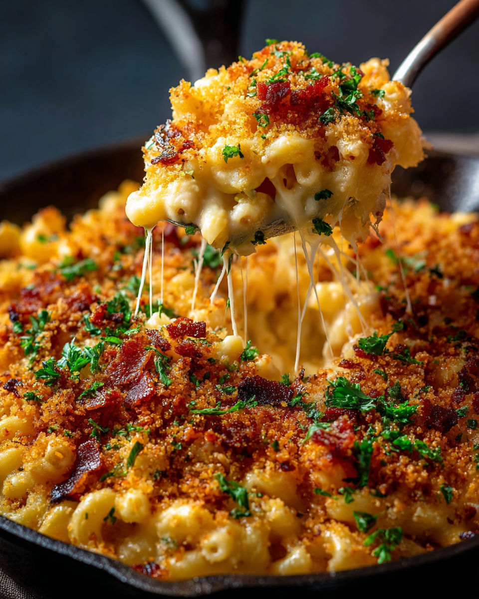 A close up of a mac and cheese dish with bacon and beer.