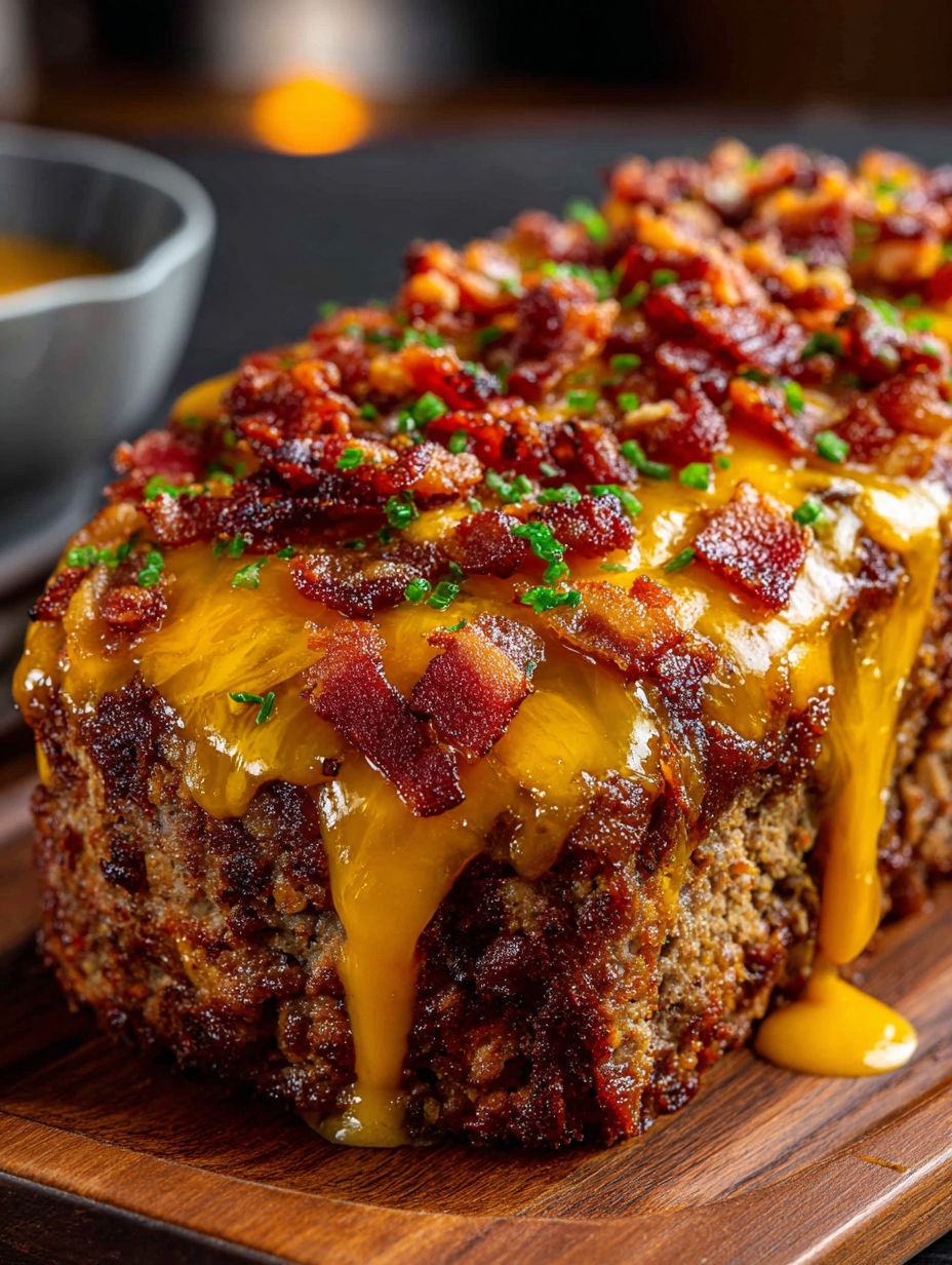A hearty bacon cheeseburger loaf with cheese and bacon.