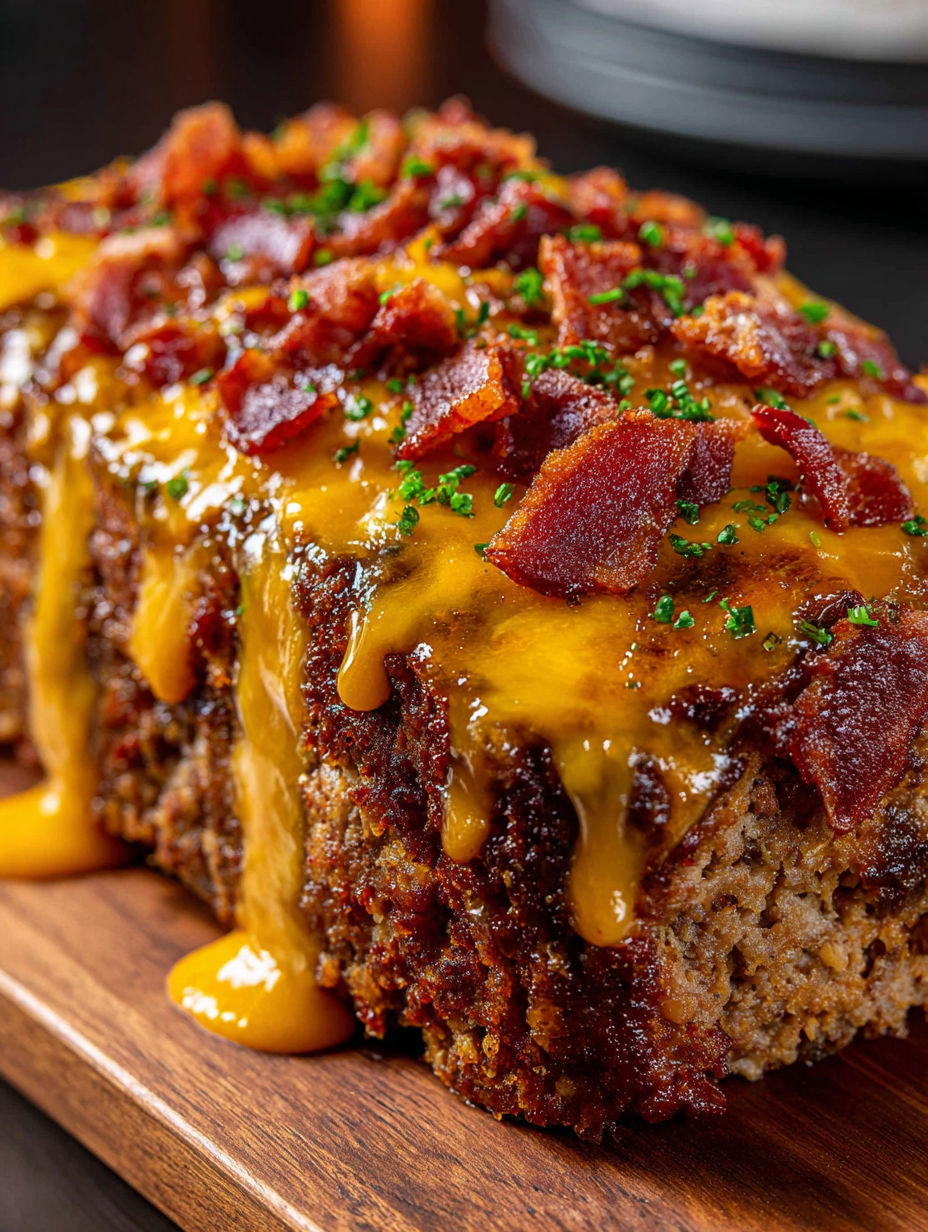 A hearty bacon cheeseburger loaf with cheese and bacon on top.