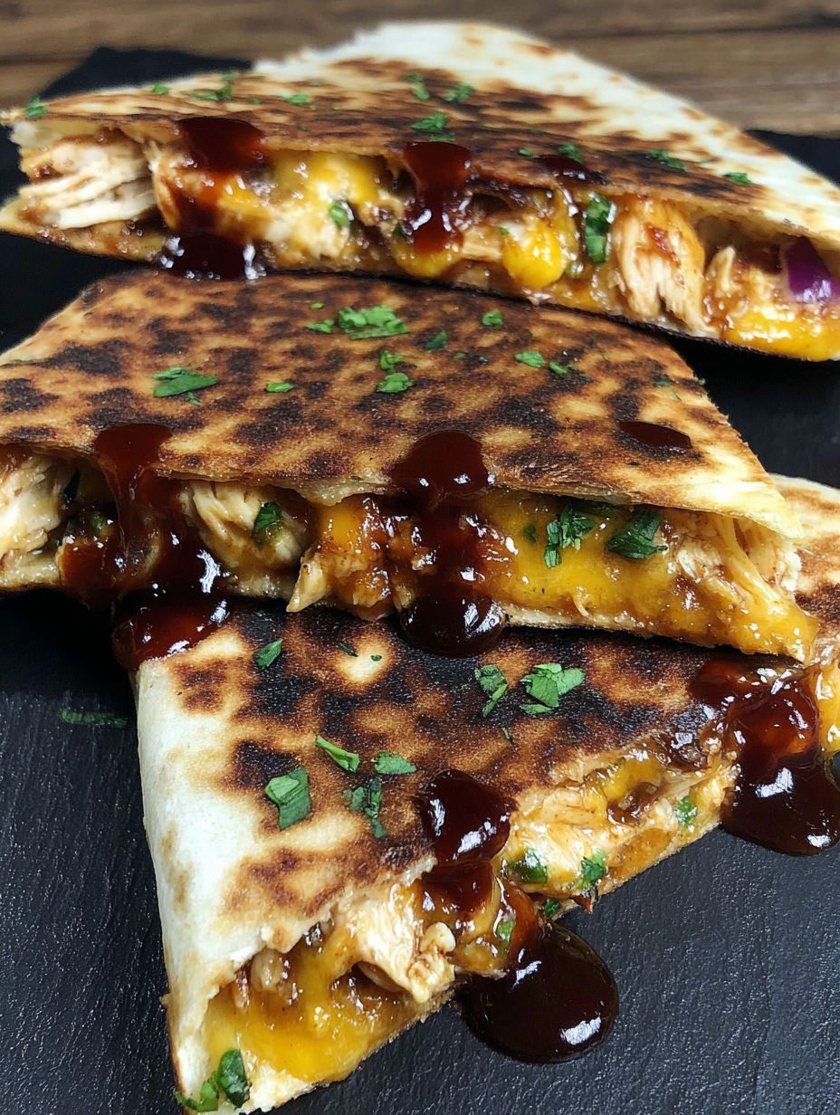 A close up of a quesadilla with BBQ sauce.