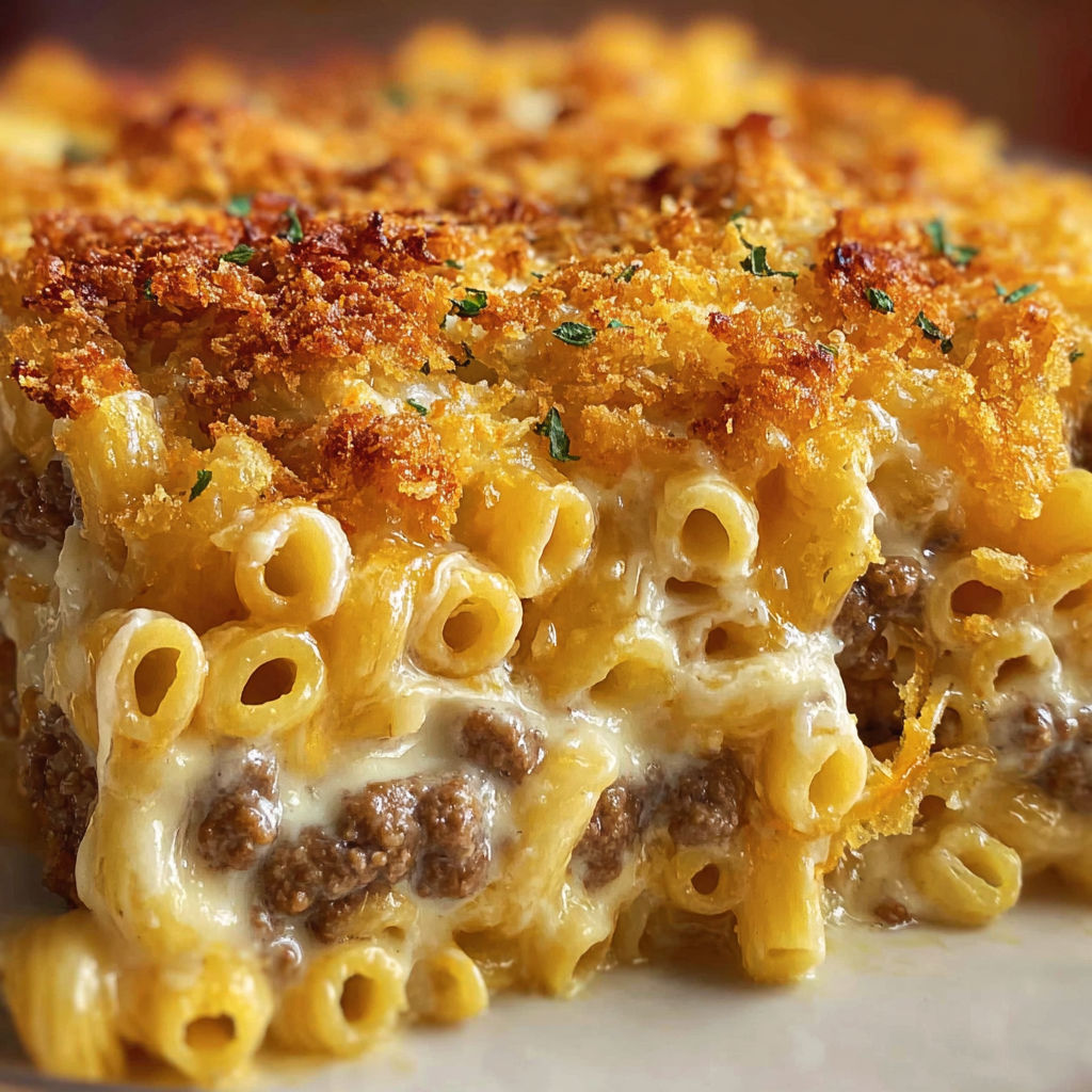 A cheesy macaroni hamburger casserole.