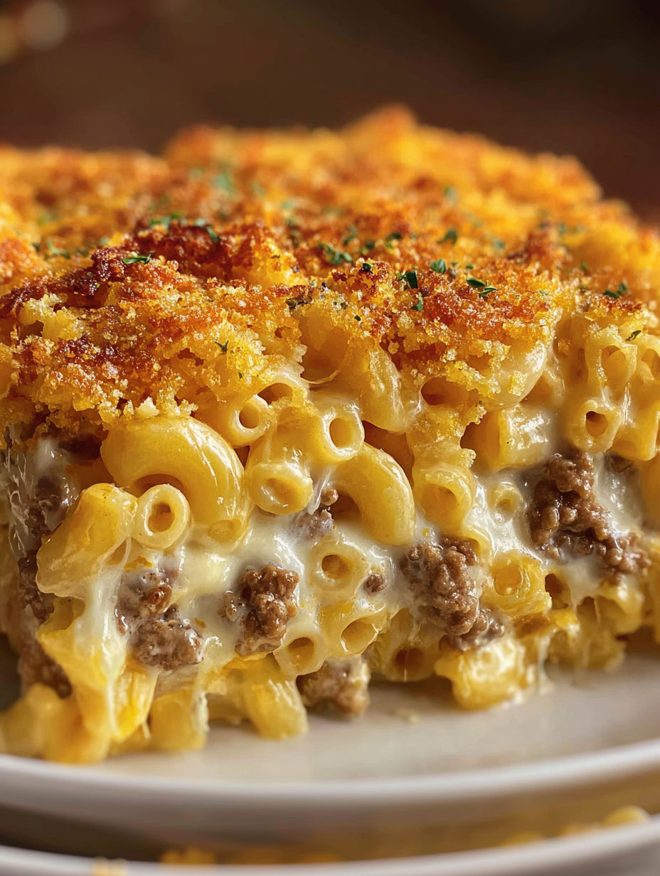 A cheesy macaroni hamburger casserole.