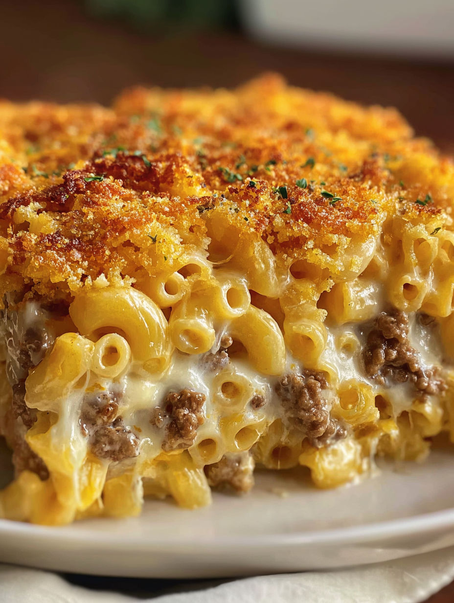 A cheesy macaroni hamburger casserole.