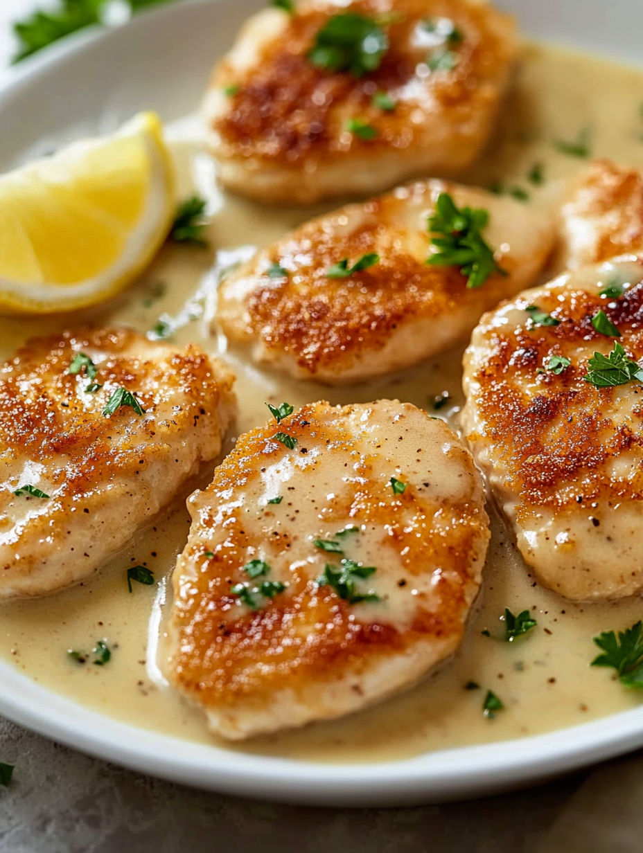 A plate of chicken scallopini with lemon wedges on top.
