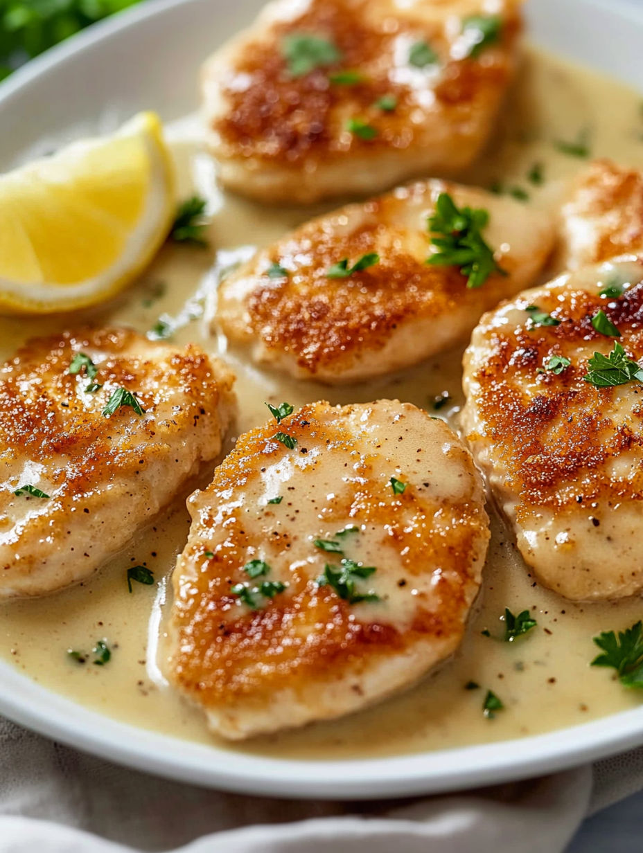 A plate of chicken scallopini with lemon wedges on top.