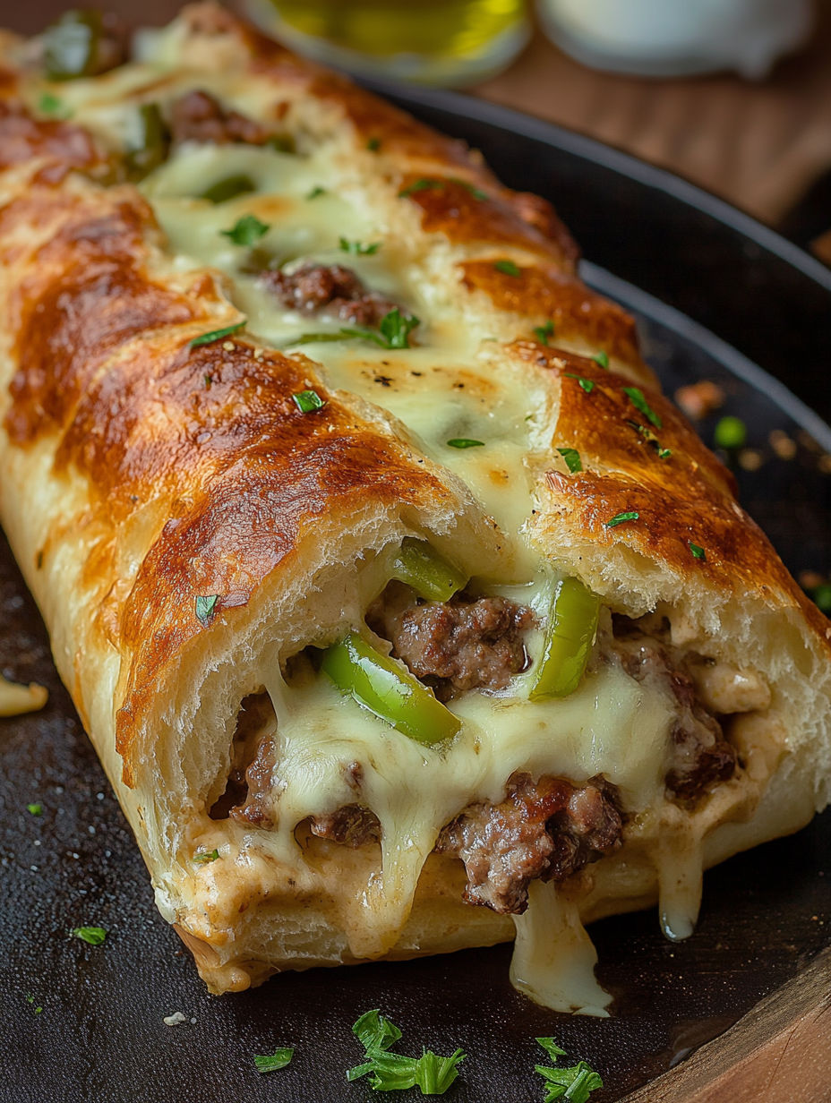 A Philly Cheesesteak Stromboli on a plate.