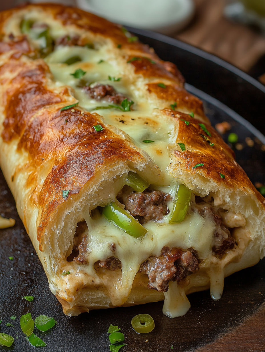 A slice of a Philly Cheesesteak Stromboli.