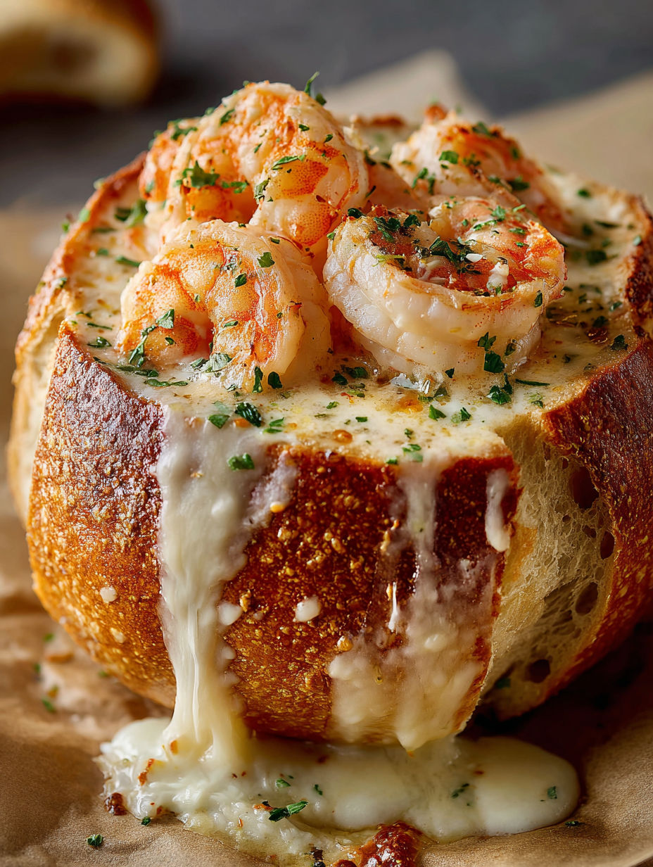 A stuffed seafood bread bowl with shrimp and cheese.