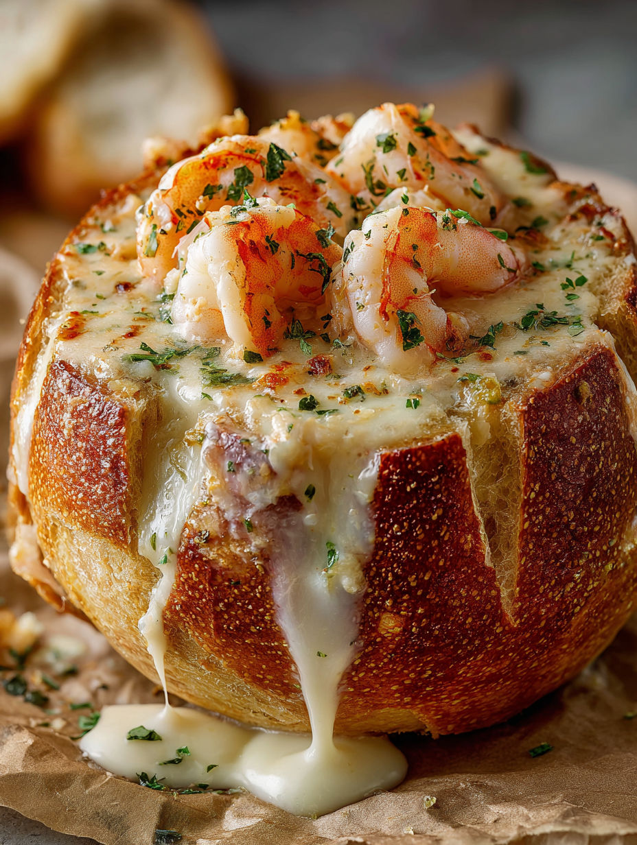 A stuffed seafood bread bowl with shrimp and cheese.