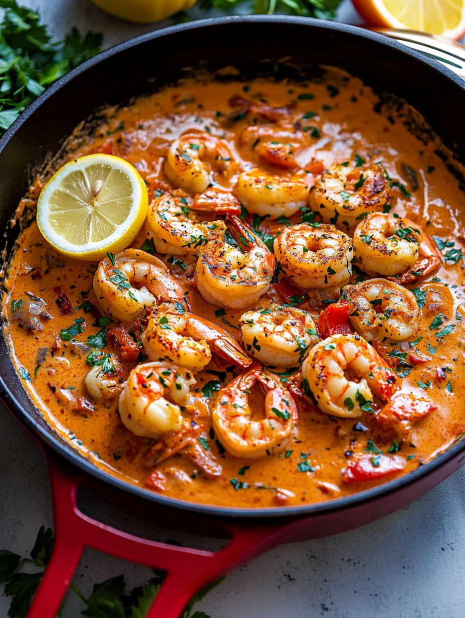 A pan of shrimp with garlic, paprika, and lemon.