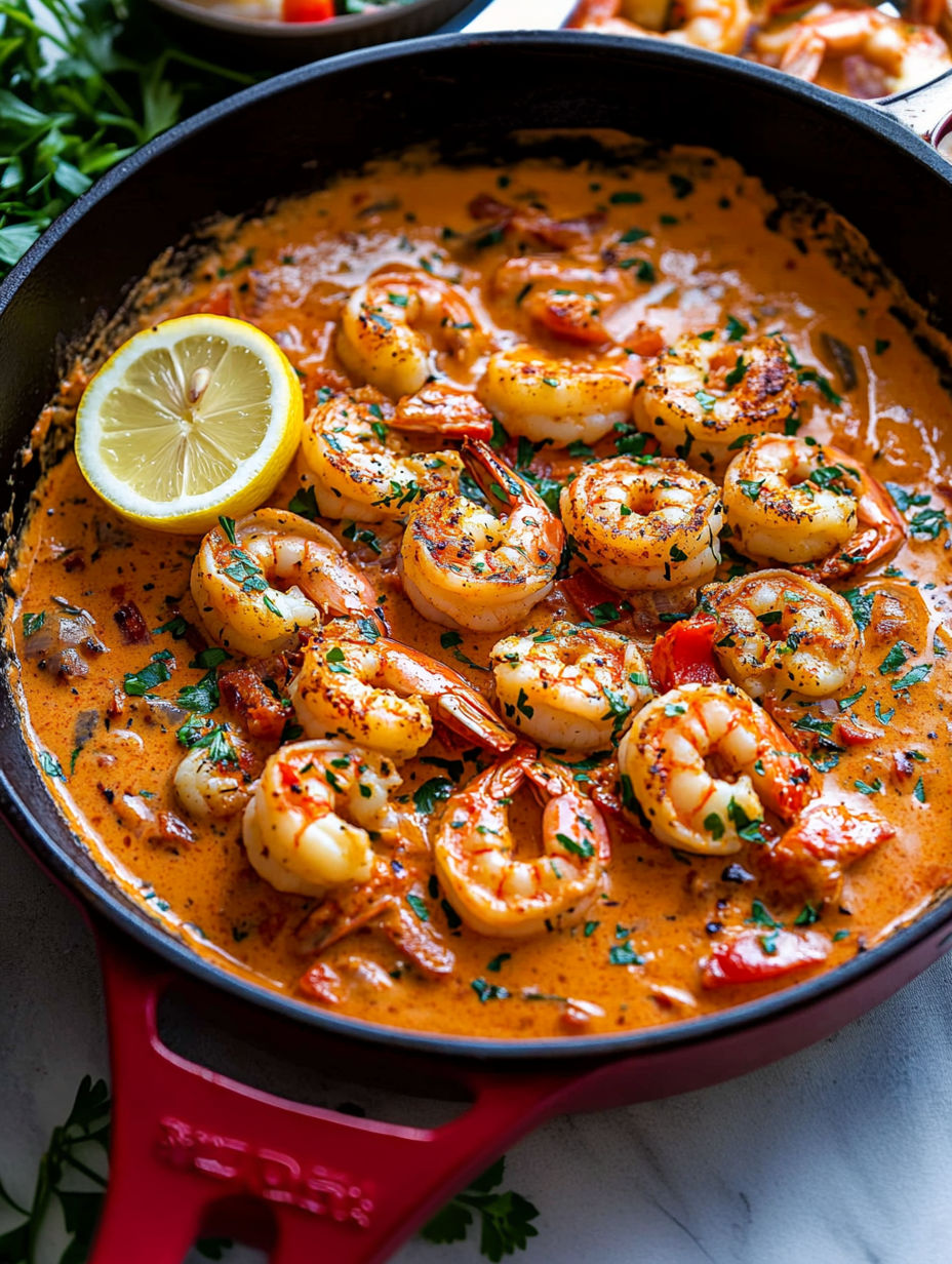 A bowl of shrimp with a lemon wedge on top.