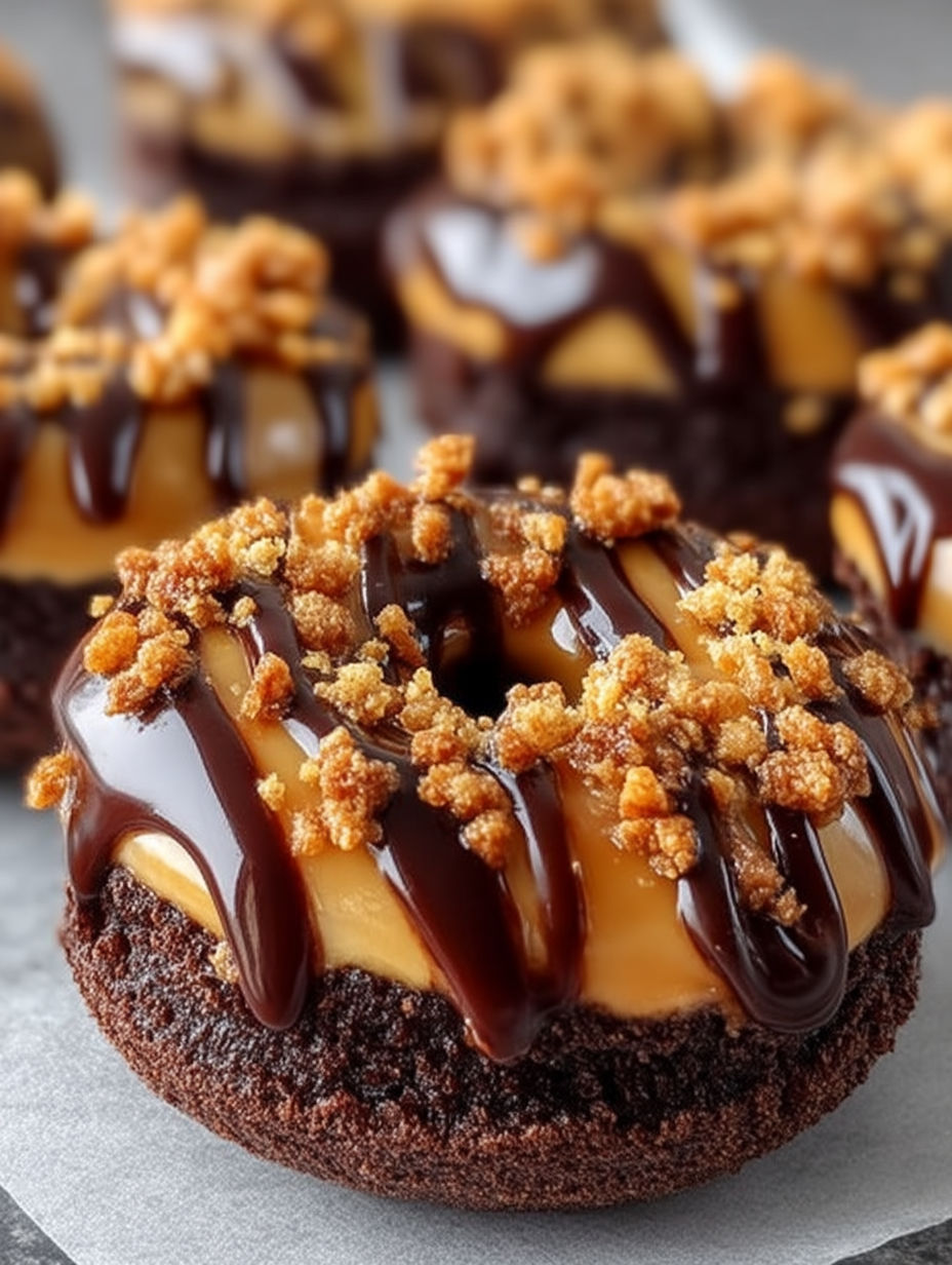 A chocolate caramel donut with a topping of chopped nuts.