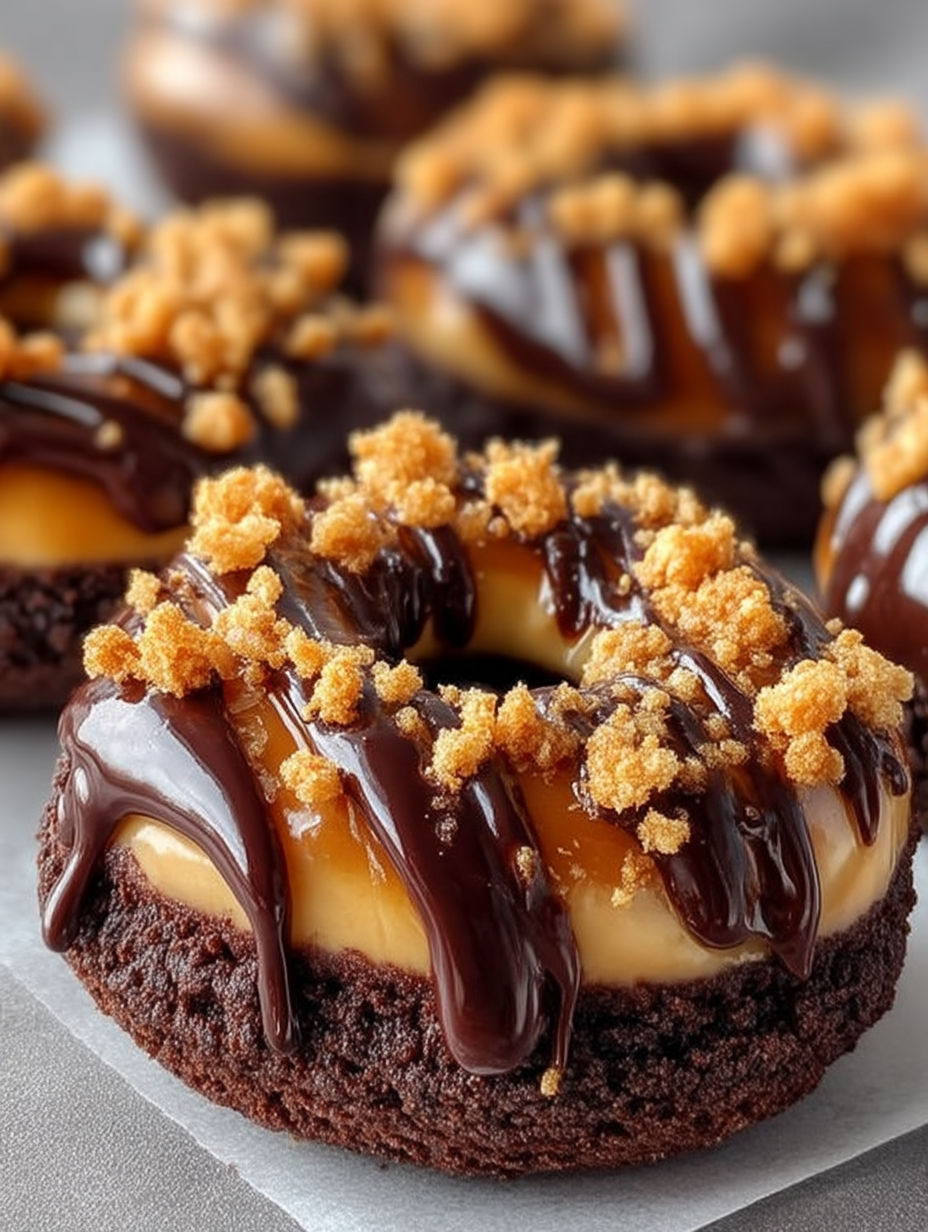 A chocolate caramel donut with crumbles on top.