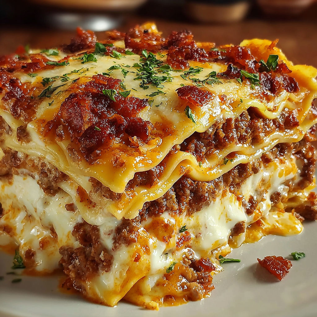 A stack of Parmesan Garlic Bacon Lasagna.