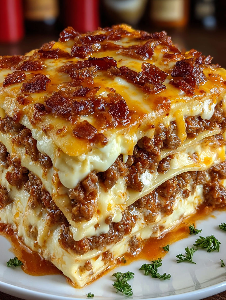 A stack of Parmesan Garlic Bacon Lasagna.