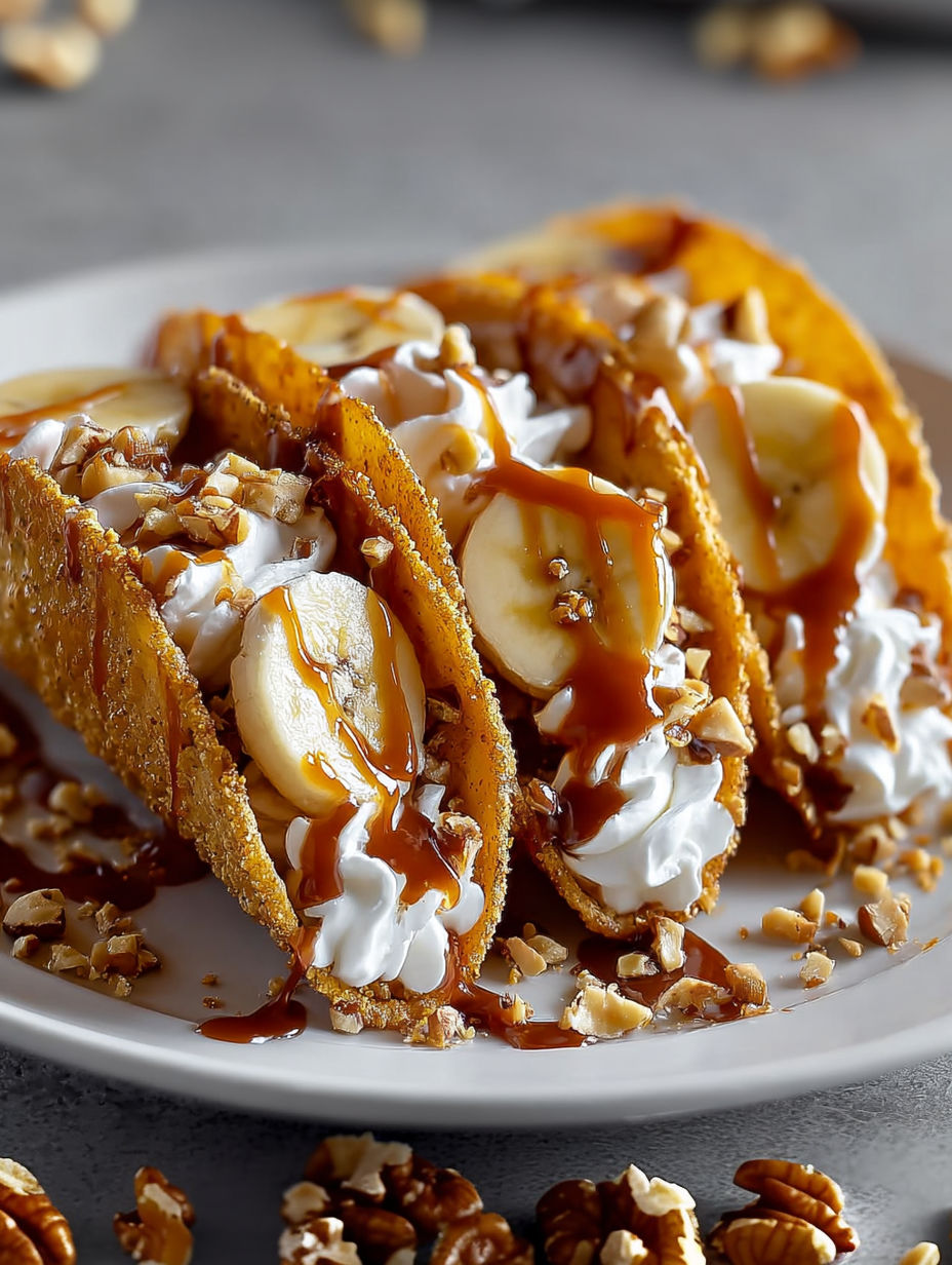 A plate of banana and caramel tacos.