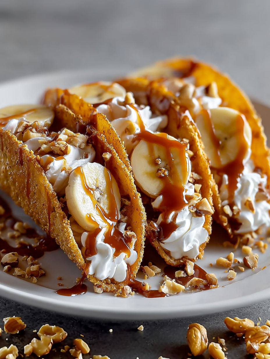 A plate of banana and caramel tacos.