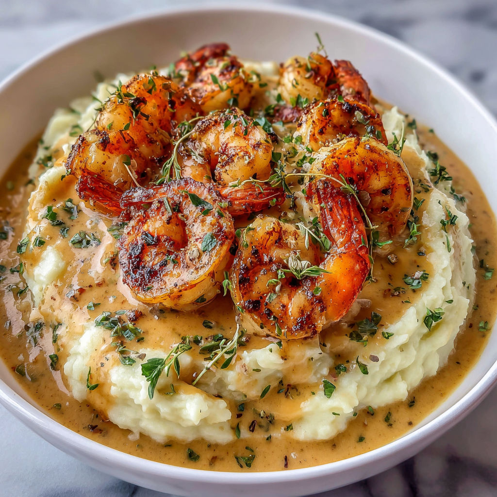 A bowl of shrimp and rice with a caramel sauce.
