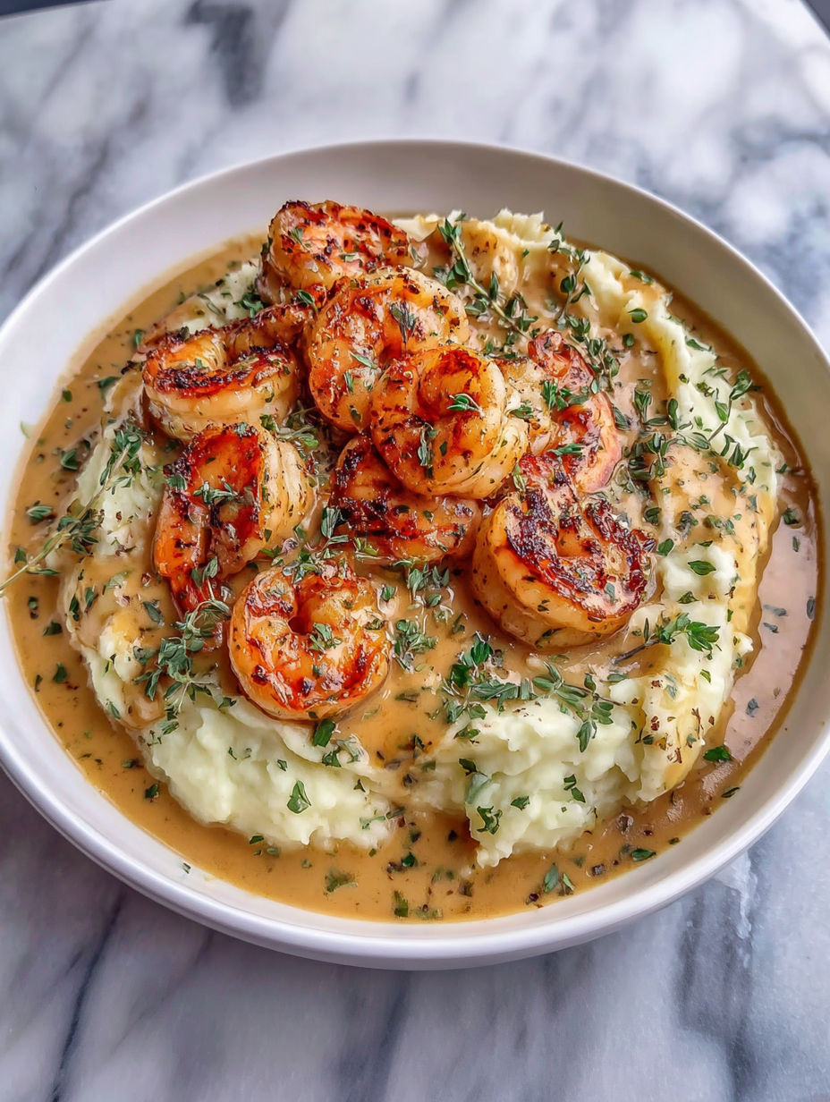 A bowl of food with shrimp and potatoes.